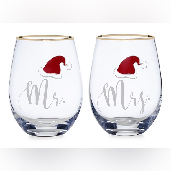 NIB Mikasa Christmas Mr. & Mrs. Santa 2-Piece Stemless Wine Glass Set - Picture 1 of 1